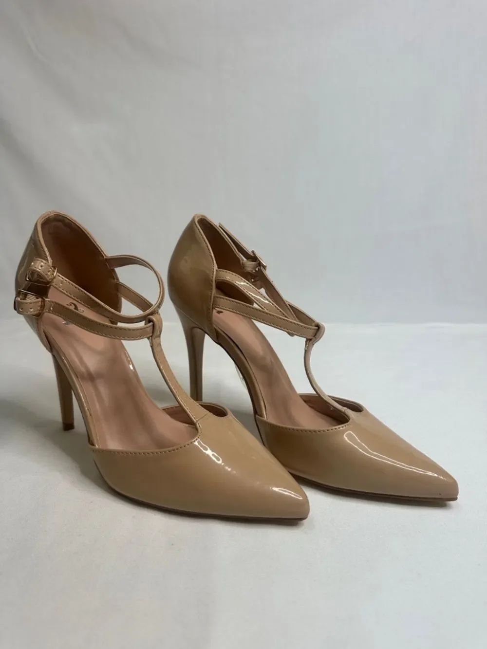 Nude Patent T-Strap Pointed Stiletto Heels